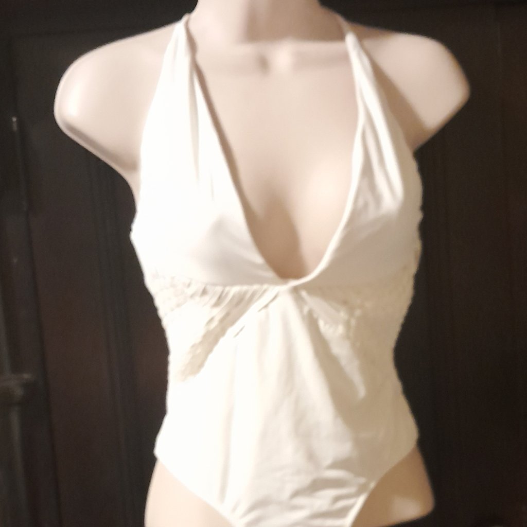 New Clube Bossa Plunge One Piece Swimsuit White Creme Woven Boho Criss-Cross